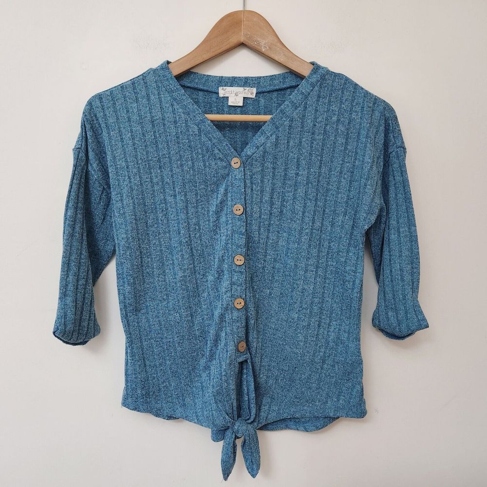 KNIT WORKS Women's Electric Blue Knit Cropped Sweater 3/4 Quarter Sleeve Size L